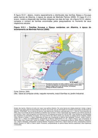 83
A figura IV.2.1, abaixo, mostra espacialmente a distribuição das famílias Xipaya e Kuruaya
pelos bairros de Altamira, à época do estudo de Marlinda Patrício (2000). O mapa IV..2..2,
anexo, mostra a dispersão das famílias indígenas nos dias de hoje. Já a figura IV.2.3, abaixo,
compara o número de famílias encontradas pelos pesquisadores no momento de seus
respectivos estudos.
Figura IV.2.1 - Famílias Kuruaya e Xipaya residentes em Altamira, à época do
levantamento de Marlinda Patrício (2000)
Fonte: Patrício, 2000.
Obs.: Deve-se computar ainda, naquele momento, mais 6 famílias no Jardim Industrial.
divisão dos bairros, Altamira já conta com essa nova política divisória. Os novos bairros da cidade preservam nomes e alguns
membros que fazem parte da atual diretoria de bairros. De acordo com as informações do Conselho Comunitário do Município de
Altamira- CONCOMAT, de um total de 32 bairros, hoje Altamira tem 08 Bairros, aprovado pela Lei nº 1.522 de 16 de Dezembro de
2003. Essa nova divisão de bairros facilitará os trabalhos dos Correios e melhor organização dos trabalhos comunitários através de
sua Diretoria. Hoje o total de agentes comunitários soma 80 pessoas que antes era mais de 480, o que facilitará as reivindicações
dos moradores às autoridades municipais. Os novos bairros são: Bairro Centro que envolve os antigos bairros Catedral, Cidade
Velha, Recreio e Sudam I, o Bairro Esplanada do Xingu que compreende os Bairros São Sebastião, Premem, Jardim Oriente e
Jardim Ind. I; o Bairro da Independência, compreende os Bairros Independente II e III; o Bairro Uirapuru que compreende os
Bairros Bela Vista, Parque Ipê e Jardim do Estádio; o Bairro de Brasília, que compreende os Bairros Jardim Altamira, Ivalândia e
Tufi; o Bairro Liberdade, compreende os bairros Mutirão, Progresso e Santa Ana; o Bairro Colina do Forte, compreende os bairros
Alberto Soares e 51º BIS e o Bairro Jardim Primavera, compreendendo os bairros Nossa Senhora Aparecida e Boa Esperança
(14.06.2004).
 