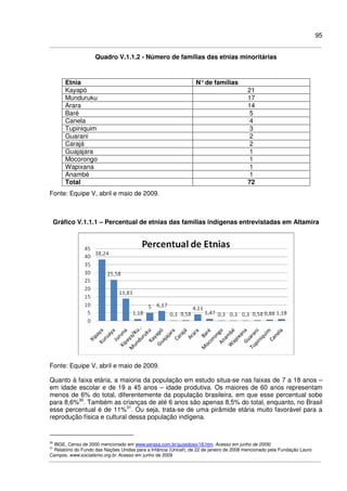 95
Quadro V.1.1.2 - Número de famílias das etnias minoritárias
Etnia N°de famílias
Kayapó 21
Munduruku 17
Arara 14
Baré 5
Canela 4
Tupiniquim 3
Guarani 2
Carajá 2
Guajajara 1
Mocorongo 1
Wapixana 1
Anambé 1
Total 72
Fonte: Equipe V, abril e maio de 2009.
Gráfico V.1.1.1 – Percentual de etnias das famílias indígenas entrevistadas em Altamira
Fonte: Equipe V, abril e maio de 2009.
Quanto à faixa etária, a maioria da população em estudo situa-se nas faixas de 7 a 18 anos –
em idade escolar e de 19 a 45 anos – idade produtiva. Os maiores de 60 anos representam
menos de 6% do total, diferentemente da população brasileira, em que esse percentual sobe
para 8,6%30
. Também as crianças de até 6 anos são apenas 8,5% do total, enquanto, no Brasil
esse percentual é de 11%31
. Ou seja, trata-se de uma pirâmide etária muito favorável para a
reprodução física e cultural dessa população indígena.
30
IBGE, Censo de 2000 mencionado em www.serasa.com.br/guiaidoso/18.htm. Acesso em junho de 2009)
31
Relatório do Fundo das Nações Unidas para a Infância (Unicef), de 22 de janeiro de 2008 mencionado pela Fundação Lauro
Campos. www.socialismo.org.br. Acesso em junho de 2009
 