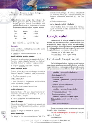10
EM_V_GRA_010
Trataremos do estudo do objeto direto prepo-
sicionado em outra oportunidade.
Em textos mais antigos do português do9)	
Brasil, pronomes OD e OI podem sofrer con-
tração, gerando formas “estranhas”, mas
perfeitamente corretas, pertencentes ao nível
hiperformal da linguagem, hoje em desuso.
Deu a mim o livro.
Deu -me o livro.
Deu -o a mim.
Deu -mo.
Esta resposta, não ta posso dar hoje.
Exemplo:``
Vamos identificar a predicação que os verbos abaixo
destacados assumem.
a) Entreguei os livros ao professor ontem, na sala.
verbo transitivo direto e indireto
Note que os complementos circunstanciais são “ontem”
(tempo) e “na sala” (lugar). O sujeito é “eu”; “os livros”
é o objeto direto; e “ao professor”, o objeto indireto.
b) Ninguém comentou nada sobre o ocorrido.
verbo transitivo direto
O termo “sobre o ocorrido” é complemento circunstancial
(assunto); “ninguém” é o sujeito; e “nada”, o objeto direto.
c) O professor morreu de cirrose.
verbo intransitivo
O termo “de cirrose” é complemento circunstancial de
causa; “o professor” é o sujeito.
d) A mulher e o filho saíram cedo de casa.
verbo intransitivo
Os termos “cedo” e “de casa” são complementos cir-
cunstanciais, respectivamente, de tempo e de lugar; “a
mulher e o filho” é o sujeito.
e) Gerusa andava triste devido à morte da mãe.
verbo de ligação
“devido à morte da mãe” é complemento circunstancial
de causa; “triste” é predicativo do sujeito; e o sujeito é
“Gerusa”.
f) Estava no colégio no momento da explosão.
verbo intransitivo
“no colégio” e “no momento da explosão” são CCs,
respectivamente, de lugar e de tempo; o verbo só pode
ser intransitivo; note-se que o sujeito é descoberto pelo
contexto. Isoladamente poderia ser “eu”, “ele”, “ela”,
“você”...
g) Preferiu o livro à revista.
verbo transitivo direto e indireto
“o livro” é objeto direto; “à revista”, objeto indireto; o
sujeito está implícito no verbo – o contexto diria se é “ele”
ou “ela”, por exemplo.
Locução verbal
Dá-se o nome de locução verbal ao conjunto de
verbos que, em seu conjunto, trazem apenas uma
ação verbal. Nesse caso, o verbo que expressa a
ação (sempre o último) é chamado verbo principal.
O verbo auxiliar antecede o principal. Às vezes, uma
locução é formada por mais de dois verbos.
Costumo sair às três. (ação: sair)
Ela havia feito a lição. (ação: fazer)
Estrutura da locução verbal
Em locuções verbais, o verbo principal sempre
aparece em uma forma nominal (infinitivo, gerúndio
ou particípio), e o auxiliar aparece flexionado. Assim,
são quatro as estruturas básicas de locução verbal:
auxiliar•• + principal no infinitivo:
Devo chegar às três.
Quero ficar aqui.
auxiliar•• + preposição + principal no infi-
nitivo:
Começou a chorar de repente.
Pare de reclamar.
auxiliar•• + principal no gerúndio:
Eles estavam fazendo a lição.
Continuava saindo à noite.
auxiliar•• + principal no particípio:
Tinha bebido bastante antes de cometer o
crime.
Ela foi encontrada morta.
Essas estruturas podem se misturar, gerando
locuções mais complexas.
Ele está tentando parar de fumar. (só há uma
ação: a de fumar)
Outro exemplo:
Esse material é parte integrante do Aulas Particulares on-line do IESDE BRASIL S/A,
mais informações www.aulasparticularesiesde.com.br
 