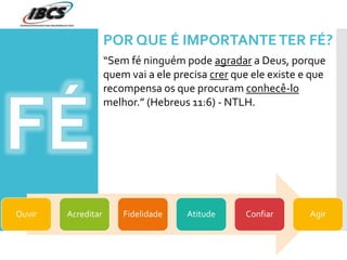 POR QUE É IMPORTANTETER FÉ?
Ouvir Acreditar Fidelidade Atitude Confiar Agir
“Sem fé ninguém pode agradar a Deus, porque
quem vai a ele precisa crer que ele existe e que
recompensa os que procuram conhecê-lo
melhor.” (Hebreus 11:6) - NTLH.
 