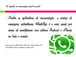 Os impactos na comunicação social em geral


Dentre os aplicativos de comunicação, o serviço de
mensagens instantâneas WhatsApp é o mais usado por
donos de smartphones com sistema Android e iPhones
em todo o mundo.

pesquisa conduzida nos Estados Unidos, Brasil, China, Indonésia e África do Sul
pela consultoria On Device, especializada em dispositivos móveis

 