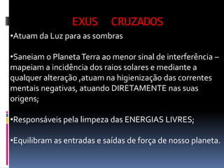 EXUS       CRUZADOS
•Atuam da Luz para as sombras

•Saneiam o Planeta Terra ao menor sinal de interferência –
mapeiam a incidência dos raios solares e mediante a
qualquer alteração ,atuam na higienização das correntes
mentais negativas, atuando DIRETAMENTE nas suas
origens;

•Responsáveis pela limpeza das ENERGIAS LIVRES;

•Equilibram as entradas e saídas de força de nosso planeta.
 