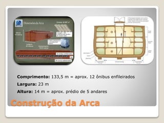 Construção da Arca
Comprimento: 133,5 m = aprox. 12 ônibus enfileirados
Largura: 23 m
Altura: 14 m = aprox. prédio de 5 andares
 