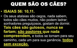 QUEM SÃO OS CÃES?
• ISAIAS 56: 10,11.
• Os seus atalaias são cegos, nada sabem,
todos são cães mudos, não podem ladrar;
sonhadores preguiçosos, gostam de dormir.
Tais cães são gulosos, nunca se
fartam; são pastores que nada
compreendem, e todos se tornam para seu
caminho, cada um para sua ganância, todos
sem exceção.
 