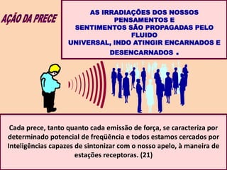 Cada prece, tanto quanto cada emissão de força, se caracteriza por
determinado potencial de freqüência e todos estamos cercados por
Inteligências capazes de sintonizar com o nosso apelo, à maneira de
estações receptoras. (21)
AS IRRADIAÇÕES DOS NOSSOS
PENSAMENTOS E
SENTIMENTOS SÃO PROPAGADAS PELO
FLUIDO
UNIVERSAL, INDO ATINGIR ENCARNADOS E
DESENCARNADOS .
 