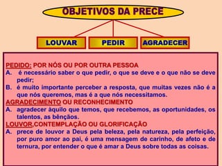 PEDIDO: POR NÓS OU POR OUTRA PESSOA
A. é necessário saber o que pedir, o que se deve e o que não se deve
pedir;
B. é muito importante perceber a resposta, que muitas vezes não é a
que nós queremos, mas é a que nós necessitamos.
AGRADECIMENTO OU RECONHECIMENTO
A. agradecer àquilo que temos, que recebemos, as oportunidades, os
talentos, as bênçãos.
LOUVOR,CONTEMPLAÇÃO OU GLORIFICAÇÃO
A. prece de louvor a Deus pela beleza, pela natureza, pela perfeição,
por puro amor ao pai, é uma mensagem de carinho, de afeto e de
ternura, por entender o que é amar a Deus sobre todas as coisas.
LOUVAR PEDIR AGRADECER
 