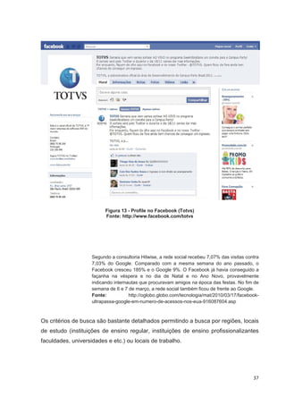 Figura 13 - Profile no Facebook (Totvs)
                          Fonte: http://www.facebook.com/totvs




                    Segundo a consultoria Hitwise, a rede social recebeu 7,07% das visitas contra
                    7,03% do Google. Comparado com a mesma semana do ano passado, o
                    Facebook cresceu 185% e o Google 9%. O Facebook já havia conseguido a
                    façanha na véspera e no dia de Natal e no Ano Novo, provavelmente
                    indicando internautas que procuravam amigos na época das festas. No fim de
                    semana de 6 e 7 de março, a rede social também ficou de frente ao Google.
                    Fonte:           http://oglobo.globo.com/tecnologia/mat/2010/03/17/facebook-
                    ultrapassa-google-em-numero-de-acessos-nos-eua-916087604.asp



Os critérios de busca são bastante detalhados permitindo a busca por regiões, locais
de estudo (instituições de ensino regular, instituições de ensino profissionalizantes
faculdades, universidades e etc.) ou locais de trabalho.




                                                                                              37
 