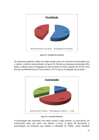 Figura 24 Finalidade da utilização



As empresas preferem utilizar as redes sociais como um canal de comunicação com
o cliente, conforme demonstrado na figura 25. Dentre as empresas entrevistas 50%
delas a utilizam para a divulgação da marca (share of mind), seguido de 33,3% como
Serviço de Atendimento ao Consumidor e 16,7% para a divulgação de produtos.




                             Figura 25 Conteúdo Publicado

A participação das empresas nas redes sociais é algo recente, no qual temos um
crescimento cada vez maior nos últimos 2 anos. A figura 26 demonstra a
porcentagem de empresas que adotam a utilização do Twitter, como resultado

                                                                               56
 