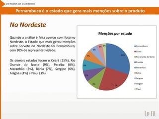 No Nordeste
Quando a análise é feita apenas com foco no
Nordeste, o Estado que mais gerou menções
sobre sorvete no Nordeste foi Pernambuco,
com 30% de representatividade.
Os demais estados foram o Ceará (25%), Rio
Grande do Norte (9%), Paraíba (8%),
Maranhão (8%), Bahia (7%), Sergipe (6%),
Alagoas (4%) e Piauí (3%).
ESTUDO DE CONSUMO
Pernambuco é o estado que gera mais menções sobre o produto
30%
25%
9%
8%
8%
7%
6%
4% 3%
Menções por estado
Pernambuco
Ceará
Rio Grande do Norte
Paraíba
Maranhão
Bahia
Sergipe
Alagoas
Piauí
 