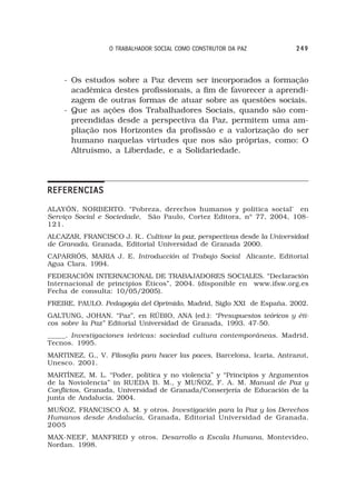O TRABALHADOR SOCIAL COMO CONSTRUTOR DA PAZ            249



    - Os estudos sobre a Paz devem ser incorporados a formação
      acadêmica destes profissionais, a fim de favorecer a aprendi-
      zagem de outras formas de atuar sobre as questões sociais.
    - Que as ações dos Trabalhadores Sociais, quando são com-
      preendidas desde a perspectiva da Paz, permitem uma am-
      pliação nos Horizontes da profissão e a valorização do ser
      humano naquelas virtudes que nos são próprias, como: O
      Altruísmo, a Liberdade, e a Solidariedade.




REFERENCIAS
ALAYÓN, NORBERTO. “Pobreza, derechos humanos y política social’ en
Serviço Social e Sociedade, São Paulo, Cortez Editora, nº 77, 2004, 108-
121.
ALCAZAR, FRANCISCO J. R.. Cultivar la paz, perspectivas desde la Universidad
de Granada, Granada, Editorial Universidad de Granada 2000.
CAPARRÓS, MARIA J. E. Introducción al Trabajo Social Alicante, Editorial
Agua Clara. 1994.
FEDERACIÓN INTERNACIONAL DE TRABAJADORES SOCIALES. “Declaración
Internacional de principios Éticos”, 2004. (disponible en www.ifsw.org.es
Fecha de consulta: 10/05/2005).
FREIRE, PAULO. Pedagogía del Oprimido, Madrid, Siglo XXI de España. 2002.
GALTUNG, JOHAN. “Paz”, en RÚBIO, ANA (ed.): “Presupuestos teóricos y éti-
cos sobre la Paz” Editorial Universidad de Granada, 1993. 47-50.
_____. Investigaciones teóricas: sociedad cultura contemporáneas. Madrid,
Tecnos. 1995.
MARTINEZ, G., V. Filosofía para hacer las paces, Barcelona, Icaria, Antrazut,
Unesco. 2001.
MARTÍNEZ, M. L. “Poder, política y no violencia” y “Principios y Argumentos
de la Noviolencia” in RUEDA B. M., y MUÑOZ, F. A. M. Manual de Paz y
Conflictos, Granada, Universidad de Granada/Conserjería de Educación de la
junta de Andalucía. 2004.
MUÑOZ, FRANCISCO A. M. y otros. Investigación para la Paz y los Derechos
Humanos desde Andalucía, Granada, Editorial Universidad de Granada.
2005
MAX-NEEF, MANFRED y otros. Desarrollo a Escala Humana, Montevideo,
Nordan. 1998.
 