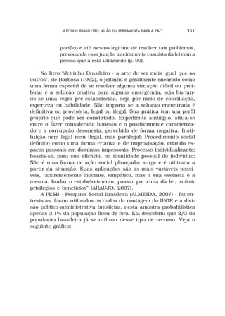 JEITINHO BRASILEIRO: VILÃO OU FERRAMENTA PARA A PAZ?   331



            pacífico e até mesmo legítimo de resolver tais problemas,
            provocando essa junção inteiramente casuísta da lei com a
            pessoa que a está utilizando (p. 99).

     No livro “Jeitinho Brasileiro - a arte de ser mais igual que os
outros”, de Barbosa (1992), o jeitinho é geralmente encarado como
uma forma especial de se resolver alguma situação difícil ou proi-
bida: é a solução criativa para alguma emergência, seja burlan-
do-se uma regra pré-estabelecida, seja por meio de conciliação,
esperteza ou habilidade. Não importa se a solução encontrada é
definitiva ou provisória, legal ou ilegal. Sua prática tem um perfil
próprio que pode ser constatado. Expediente ambíguo, situa-se
entre o fazer considerado honesto e o positivamente caracteriza-
do e a corrupção desonesta, percebida de forma negativa; Insti-
tuição nem legal nem ilegal, mas paralegal; Procedimento social
definido como uma forma criativa e de improvisação, criando es-
paços pessoais em domínios impessoais; Processo individualizante;
baseia-se, para sua eficácia, na identidade pessoal do indivíduo;
Não é uma forma de ação social planejada; surge e é utilizada a
partir da situação. Suas aplicações são as mais variáveis possí-
veis, “aparentemente inocente, simpático, mas a sua essência é a
mesma: burlar o estabelecimento, passar por cima da lei, auferir
privilégios e benefícios” (ARAÚJO, 2007).
     A PESB - Pesquisa Social Brasileira (ALMEIDA, 2007) - fez en-
trevistas, foram utilizados os dados da contagem do IBGE e a divi-
são político-administrativa brasileira, nesta amostra probabilística
apenas 3,1% da população ficou de fora. Ela descobriu que 2/3 da
população brasileira já se utilizou desse tipo de recurso. Veja o
seguinte gráfico:
 