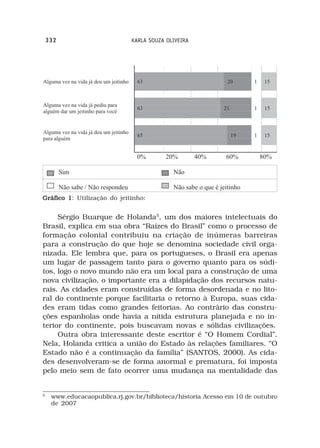 332                       KARLA SOUZA OLIVEIRA




Gráfico 1 Utilização do jeitinho:
        1:


     Sérgio Buarque de Holanda5, um dos maiores intelectuais do
Brasil, explica em sua obra “Raízes do Brasil” como o processo de
formação colonial contribuiu na criação de inúmeras barreiras
para a construção do que hoje se denomina sociedade civil orga-
nizada. Ele lembra que, para os portugueses, o Brasil era apenas
um lugar de passagem tanto para o governo quanto para os súdi-
tos, logo o novo mundo não era um local para a construção de uma
nova civilização, o importante era a dilapidação dos recursos natu-
rais. As cidades eram construídas de forma desordenada e no lito-
ral do continente porque facilitaria o retorno à Europa, suas cida-
des eram tidas como grandes feitorias. Ao contrário das constru-
ções espanholas onde havia a nítida estrutura planejada e no in-
terior do continente, pois buscavam novas e sólidas civilizações.
     Outra obra interessante deste escritor é “O Homem Cordial”.
Nela, Holanda critica a união do Estado às relações familiares. “O
Estado não é a continuação da família” (SANTOS, 2000). As cida-
des desenvolveram-se de forma anormal e prematura, foi imposta
pelo meio sem de fato ocorrer uma mudança na mentalidade das


5
     www.educacaopublica.rj.gov.br/biblioteca/historia Acesso em 10 de outubro
     de 2007
 
