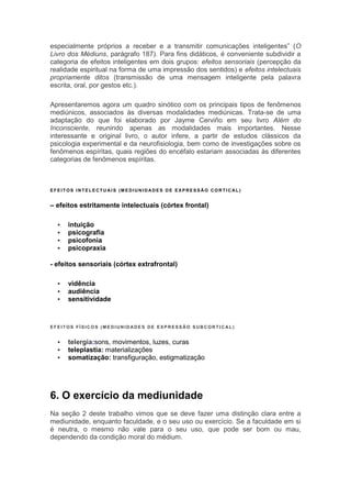especialmente próprios a receber e a transmitir comunicações inteligentes” (O
Livro dos Médiuns, parágrafo 187). Para fins didáticos, é conveniente subdividir a
categoria de efeitos inteligentes em dois grupos: efeitos sensoriais (percepção da
realidade espiritual na forma de uma impressão dos sentidos) e efeitos intelectuais
propriamente ditos (transmissão de uma mensagem inteligente pela palavra
escrita, oral, por gestos etc.).
Apresentaremos agora um quadro sinótico com os principais tipos de fenômenos
mediúnicos, associados às diversas modalidades mediúnicas. Trata-se de uma
adaptação do que foi elaborado por Jayme Cerviño em seu livro Além do
Inconsciente, reunindo apenas as modalidades mais importantes. Nesse
interessante e original livro, o autor infere, a partir de estudos clássicos da
psicologia experimental e da neurofisiologia, bem como de investigações sobre os
fenômenos espíritas, quais regiões do encéfalo estariam associadas às diferentes
categorias de fenômenos espíritas.

EFEITOS INTELECTUAIS (MEDIUNIDADES DE EXPRESSÃO CORTICAL)

– efeitos estritamente intelectuais (córtex frontal)





intuição
psicografia
psicofonia
psicopraxia

- efeitos sensoriais (córtex extrafrontal)




vidência
audiência
sensitividade

EFEITOS FÍSICOS (MEDIUNIDADES DE EXPRESSÃO SUBCORTICAL)





telergia:sons, movimentos, luzes, curas
teleplastia: materializações
somatização: transfiguração, estigmatização

6. O exercício da mediunidade
Na seção 2 deste trabalho vimos que se deve fazer uma distinção clara entre a
mediunidade, enquanto faculdade, e o seu uso ou exercício. Se a faculdade em si
é neutra, o mesmo não vale para o seu uso, que pode ser bom ou mau,
dependendo da condição moral do médium.

 