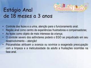 Estágio Anal
de 18 meses a 3 anos
• Controle das fezes e a urina, atenção para o funcionamento anal;
• Região anal como centro de experiências frustradoras e compensadoras;
• As fezes como objeto de mais interesse da criança;
• O controle severo dos esfíncteres poderá o EGO se prejudicado em seu
desenvolvimento – atenção!
• Psicanalistas atribuem a avareza ou sovinice a exagerada preocupação
com a limpeza e a meticulosidade da adulto a frustações ocorridas na
fase anal.
 