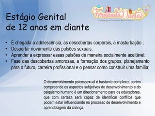 Estágio Genital
de 12 anos em diante
• É chegada a adolescência, as descobertas corporais, a masturbação ;
• Despertar novamente das pulsões sexuais;
• Aprender a expressar essas pulsões de maneira socialmente aceitável;
• Fase das descobertas amorosas, a formação dos grupos, planejamento
para o futuro, carreira profissional e o pensar como construir uma família;
O desenvolvimento psicossexual é bastante complexo, porém
compreende os aspectos subjetivos do desenvolvimento e do
psiquismo humano é um direcionamento para os educadores,
que com certeza será capaz de identificar conflitos que
podem estar influenciando no processo de desenvolvimento e
aprendizagem da criança.
 
