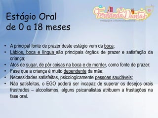 Estágio Oral
de 0 a 18 meses
• A principal fonte de prazer deste estágio vem da boca;
• Lábios, boca e língua são principais órgãos de prazer e satisfação da
criança;
• Atos de sugar, de pôr coisas na boca e de morder, como fonte de prazer;
• Fase que a criança é muito dependente da mãe;
• Necessidades satisfeitas, psicologicamente pessoas saudáveis;
• Não satisfeitas, o EGO poderá ser incapaz de superar os desejos orais
frustrados – alcoolismos, alguns psicanalistas atribuem a frustações na
fase oral.
 