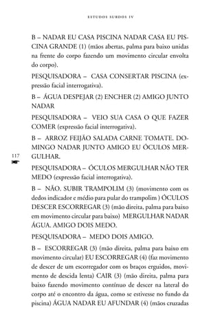 e s t u d o s s u rd o s 1 v



      B – NADAR EU CASA PISCINA NADAR CASA EU PIS-
      CINA GRANDE (1) (mãos abertas, palma para baixo unidas
      na frente do corpo fazendo um movimento circular envolta
      do corpo).
      PESQUISADORA – CASA CONSERTAR PISCINA (ex-
      pressão facial interrogativa).
      B – ÁGUA DESPEJAR (2) ENCHER (2) AMIGO JUNTO
      NADAR
      PESQUISADORA – VEIO SUA CASA O QUE FAZER
      COMER (expressão facial interrogativa).
      B – ARROZ FEIJÃO SALADA CARNE TOMATE. DO-
      MINGO NADAR JUNTO AMIGO EU ÓCULOS MER-
117   GULHAR.
f     PESQUISADORA – ÓCULOS MERGULHAR NÃO TER
      MEDO (expressão facial interrogativa).
      B – NÃO. SUBIR TRAMPOLIM (3) (movimento com os
      dedos indicador e médio para pular do trampolim ) ÓCULOS
      DESCER ESCORREGAR (3) (mão direita, palma para baixo
      em movimento circular para baixo) MERGULHAR NADAR
      ÁGUA. AMIGO DOIS MEDO.
      PESQUISADORA – MEDO DOIS AMIGO.
      B – ESCORREGAR (3) (mão direita, palma para baixo em
      movimento circular) EU ESCORREGAR (4) (faz movimento
      de descer de um escorregador com os braços erguidos, movi-
      mento de descida lenta) CAIR (3) (mão direita, palma para
      baixo fazendo movimento contínuo de descer na lateral do
      corpo até o encontro da água, como se estivesse no fundo da
      piscina) ÁGUA NADAR EU AFUNDAR (4) (mãos cruzadas
 