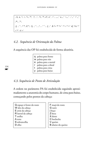 e s t u d o s s u rd o s 1 v




      4.2. Sequência de Orientação da Palma

      A sequência das OP foi estabelecida de forma aleatória.

                           q	 palma para frente
                           w	 palma para trás
                           e	 palma para a mesial
                           r	 palma para a distal
134
                           t	 palma para cima
f                          y	 palma para baixo



      4.3. Sequência de Ponto de Articulação

      A ordem no parâmetro PA foi estabelecida seguindo aproxi-
      madamente a anatomia do corpo humano, de cima para baixo,
      começando pelos pontos da cabeça:

       Q espaço à frente do rosto               F maçã do rosto
       W alto da cabeça                         G nariz
       E atrás da cabeça                        | buço
       R lateral da cabeça                      Z boca
       T orelha                                 X dente
       A testa                                  C bochecha
       S sobrancelha                            V queixo
       D olho                                   B abaixo do queixo
 