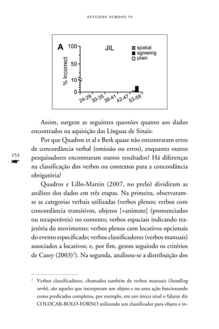e s t u d o s s u rd o s 1 v




          Assim, surgem as seguintes questões quanto aos dados
      encontrados na aquisição das Línguas de Sinais:
          Por que Quadros et al e Berk quase não encontraram erros
      de concordância verbal (omissão ou erros), enquanto outros
153
      pesquisadores encontraram outros resultados? Há diferenças
f     na classificação dos verbos ou contextos para a concordância
      obrigatória?
          Quadros e Lillo-Martin (2007, no prelo) dividiram as
      análises dos dados em três etapas. Na primeira, observaram-
      se as categorias verbais utilizadas (verbos plenos; verbos com
      concordância transitivos, objetos [+animate] (pronunciados
      ou recuperáveis) no contexto; verbos espaciais indicando tra-
      jetória do movimento; verbos plenos com locativos opcionais
      do evento especificado; verbos classificadores (verbos manuais)
      associados a locativos; e, por fim, gestos seguindo os critérios
      de Casey (2003)). Na segunda, analisou-se a distribuição dos


      	 Verbos classificadores, chamados também de verbos manuais (handling
      


        verbs), são aqueles que incorporam um objeto e ou uma ação funcionando
        como predicados completos, por exemplo, em um único sinal o falante diz
        COLOCAR-BOLO-FORNO utilizando um classificador para objeto e in-
 
