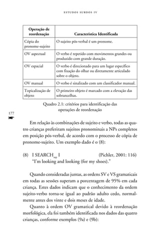 e s t u d o s s u rd o s 1 v



         Operação de
         reordenação                  Característica Identificada
      Cópia do           O sujeito pós-verbal é um pronome.
      pronome-sujeito
      OV aspectual       O verbo é repetido com movimentos grandes ou
                         produzido com grande duração.
      OV espacial        O verbo é direcionado para um lugar específico
                         com fixação do olhar ou diretamente articulado
                         sobre o objeto.
      OV manual          O verbo é sinalizado com um classificador manual.
      Topicalização de   O primeiro objeto é marcado com a elevação das
      objeto             sobrancelhas.

                  Quadro 2.1: critérios para identificação das
                         operações de reordenação
177
f         Em relação às combinações de sujeito e verbo, todas as qua-
      tro crianças preferiram sujeitos pronominais a NPs completos
      em posição pós-verbal, de acordo com o processo de cópia de
      pronome-sujeito. Um exemplo dado é o (8):

      (8)	 I SEARCHasp I	                    (Pichler, 2001: 116)
      	    “I’m looking and looking (for my shoes).”

          Quando consideradas juntas, as ordens SV e VS gramaticais
      em todas as sessões superam a porcentagem de 95% em cada
      criança. Estes dados indicam que o conhecimento da ordem
      sujeito-verbo torna-se igual ao padrão adulto cedo, normal-
      mente antes dos vinte e dois meses de idade.
          Quanto à ordem OV gramatical devido à reordenação
      morfológica, ela foi também identificada nos dados das quatro
      crianças, conforme exemplos (9a) e (9b):
 