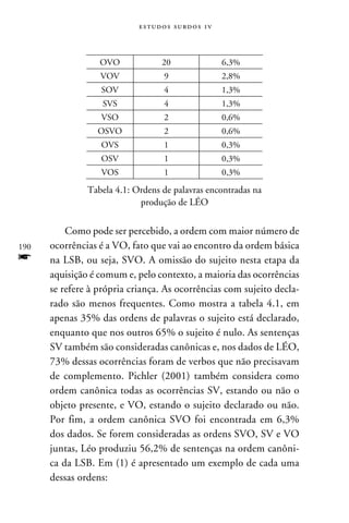 e s t u d o s s u rd o s 1 v



                  OVO               20                     6,3%
                  VOV                9                     2,8%
                  SOV                4                     1,3%
                   SVS               4                     1,3%
                  VSO                2                     0,6%
                 OSVO                2                     0,6%
                  OVS                1                     0,3%
                  OSV                1                     0,3%
                  VOS                1                     0,3%

               Tabela 4.1: Ordens de palavras encontradas na
                            produção de LÉO

          Como pode ser percebido, a ordem com maior número de
190   ocorrências é a VO, fato que vai ao encontro da ordem básica
f     na LSB, ou seja, SVO. A omissão do sujeito nesta etapa da
      aquisição é comum e, pelo contexto, a maioria das ocorrências
      se refere à própria criança. As ocorrências com sujeito decla-
      rado são menos frequentes. Como mostra a tabela 4.1, em
      apenas 35% das ordens de palavras o sujeito está declarado,
      enquanto que nos outros 65% o sujeito é nulo. As sentenças
      SV também são consideradas canônicas e, nos dados de LÉO,
      73% dessas ocorrências foram de verbos que não precisavam
      de complemento. Pichler (2001) também considera como
      ordem canônica todas as ocorrências SV, estando ou não o
      objeto presente, e VO, estando o sujeito declarado ou não.
      Por fim, a ordem canônica SVO foi encontrada em 6,3%
      dos dados. Se forem consideradas as ordens SVO, SV e VO
      juntas, Léo produziu 56,2% de sentenças na ordem canôni-
      ca da LSB. Em (1) é apresentado um exemplo de cada uma
      dessas ordens:
 