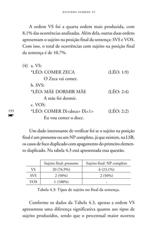 e s t u d o s s u rd o s 1 v



          A ordem VS foi a quarta ordem mais produzida, com
      8,1% das ocorrências analisadas. Além dela, outras duas ordens
      apresentam o sujeito na posição final da sentença: SVS e VOS.
      Com isso, o total de ocorrências com sujeito na posição final
      da sentença é de 10,7%.

      (4)	 a. VS:
      	    *LÉO: COMER ZECA	                                          (LÉO: 1:9)
      		O Zeca vai comer.
      	    b. SVS:
      	    *LÉO: MÃE DORMIR MÃE	                                      (LÉO: 2:4)
      		A mãe foi dormir.
      	    c. VOS:
193   	    *LÉO: COMER IXdoce IX1	                                (LÉO: 2:2)
f         		      Eu vou comer o doce.

          Um dado interessante de verificar foi se o sujeito na posição
      final é um pronome ou um NP completo, já que existem, na LSB,
      os casos de foco duplicado com apagamento do primeiro elemen-
      to duplicado. Na tabela 4.3 está apresentada essa questão.

                    Sujeito final: pronome         Sujeito final: NP completo
          VS             20 (76,9%)                           6 (23,1%)
          SVS             2 (50%)                             2 (50%)
          VOS             1 (100%)                                -

                Tabela 4.3: Tipos de sujeito no final da sentença.

          Conforme os dados da Tabela 4.3, apenas a ordem VS
      apresentou uma diferença significativa quanto aos tipos de
      sujeito produzidos, sendo que o percentual maior ocorreu
 