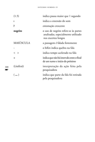 e s t u d o s s u rd o s 1 v



      (1.5)	                indica pausa maior que 1 segundo
      :	                    indica a extensão do som
      ?	                    entonação crescente
      negrito	              o uso de negrito refere-se às partes
      	                     analisadas, especialmente utilizado
      	                      nos excertos longos
      MAIÚSCULA	            a passagem é falada fortemente
      -	                    o hífen indica quebra na fala
       	                  indica tempo acelerado na fala
      =	                    indica que não há intervalo entre o final
      	                     de um turno e início do próximo
308   ((itálico))	          interpretação da ação feita pela
f     	                     pesquisadora
      ( ... )	              indica que parte da fala foi retirada
      	                     pela pesquisadora
 