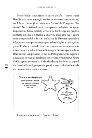 e s t u d o s s u rd o s 1 v



          Nesse bloco, encontrou-se outro desafio: “como trazer
      Brasília para uma tradução escrita de vertente concretista se,
      em Libras, o autor já mencionou as “cubas” do Congresso Na-
      cional?” Na tentativa de trazer uma possível solução a esse ques-
      tionamento, Souza (2008) se valeu da lembrança do próprio
      contexto do sinal de Brasília e observou mais uma vez – agora
      com atenção redobrada – a sinalização de Pimenta e percebeu
      02 pontos-chave para uma proposta de tradução: estrela e plano
      piloto. Então, ao invés de ficar concentrado na correspondência
      direta entre o sinal mórfico utilizado por Pimenta para indicar
      Brasília com um provável termo do Português escrito segundo
      um caráter poético de tendência concretista pignatariana, Souza
      (2008) optou por ressaltar a identidade arquitetônica da capital
350   do Distrito Federal, propondo, por fim, esta tradução circulada
f     no canto inferior direito abaixo:




         Continuando, tem-se o “quinto bloco”:
 