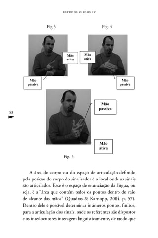 e s t u d o s s u rd o s 1 v



                  Fig.3                                   Fig. 4




53
f



                           Fig. 5


         A área do corpo ou do espaço de articulação definido
     pela posição do corpo do sinalizador é o local onde os sinais
     são articulados. Esse é o espaço de enunciação da língua, ou
     seja, é a “área que contém todos os pontos dentro do raio
     de alcance das mãos” (Quadros  Karnopp, 2004, p. 57).
     Dentro dele é possível determinar inúmeros pontos, finitos,
     para a articulação dos sinais, onde os referentes são dispostos
     e os interlocutores interagem linguisticamente, de modo que
 