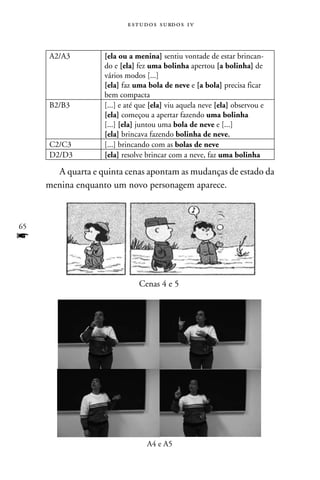 e s t u d o s s u rd o s 1 v



     A2/A3         [ela ou a menina] sentiu vontade de estar brincan-
                   do e [ela] fez uma bolinha apertou [a bolinha] de
                   vários modos [...]
                   [ela] faz uma bola de neve e [a bola] precisa ficar
                   bem compacta
     B2/B3         [...] e até que [ela] viu aquela neve [ela] observou e
                   [ela] começou a apertar fazendo uma bolinha
                   [...] [ela] juntou uma bola de neve e [...]
                   [ela] brincava fazendo bolinha de neve,
     C2/C3         [...] brincando com as bolas de neve
     D2/D3         [ela] resolve brincar com a neve, faz uma bolinha

       A quarta e quinta cenas apontam as mudanças de estado da
     menina enquanto um novo personagem aparece.



65
f

                              Cenas 4 e 5




                                  A4 e A5
 