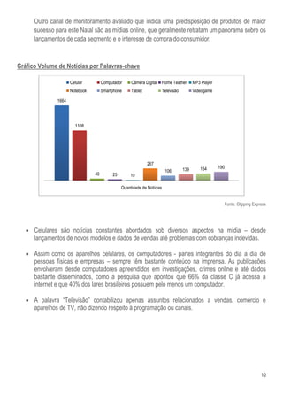 10
Outro canal de monitoramento avaliado que indica uma predisposição de produtos de maior
sucesso para este Natal são as mídias online, que geralmente retratam um panorama sobre os
lançamentos de cada segmento e o interesse de compra do consumidor.
Gráfico Volume de Notícias por Palavras-chave
Fonte: Clipping Express
 Celulares são notícias constantes abordados sob diversos aspectos na mídia – desde
lançamentos de novos modelos e dados de vendas até problemas com cobranças indevidas.
 Assim como os aparelhos celulares, os computadores - partes integrantes do dia a dia de
pessoas físicas e empresas – sempre têm bastante conteúdo na imprensa. As publicações
envolveram desde computadores apreendidos em investigações, crimes online e até dados
bastante disseminados, como a pesquisa que apontou que 66% da classe C já acessa a
internet e que 40% dos lares brasileiros possuem pelo menos um computador.
 A palavra ―Televisão‖ contabilizou apenas assuntos relacionados a vendas, comércio e
aparelhos de TV, não dizendo respeito à programação ou canais.
1664
1108
40 25 10
267
106 139 154 190
Quantidade de Notícias
Celular Computador Câmera Digital Home Teather MP3 Player
Notebook Smartphone Tablet Televisão Vídeogame
 