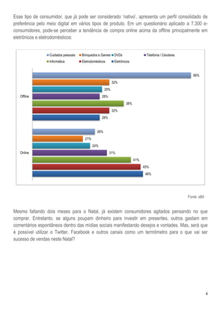 4
Esse tipo de consumidor, que já pode ser considerado ‗nativo‘, apresenta um perfil consolidado de
preferência pelo meio digital em vários tipos de produto. Em um questionário aplicado a 7.300 e-
consumidores, pode-se perceber a tendência de compra online acima da offline principalmente em
eletrônicos e eletrodomésticos:
Fonte: eBit
Mesmo faltando dois meses para o Natal, já existem consumidores agitados pensando no que
comprar. Entretanto, se alguns poupam dinheiro para investir em presentes, outros gastam em
comentários espontâneos dentro das mídias sociais manifestando desejos e vontades. Mas, será que
é possível utilizar o Twitter, Facebook e outros canais como um termômetro para o que vai ser
sucesso de vendas neste Natal?
46%
28%
45%
32%
41%
38%
31%
28%
24%
29%
21%
32%
26%
66%
Online
Offline
Cuidados pessoais Brinquedos e Games DVDs Telefonia / Celulares
Informática Eletrodomésticos Eletrônicos
 