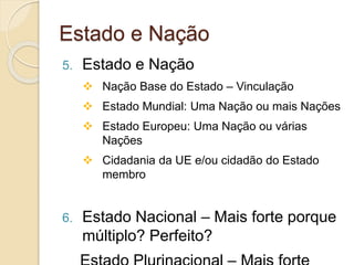 Estado e Nação
5. Estado e Nação
 Nação Base do Estado – Vinculação
 Estado Mundial: Uma Nação ou mais Nações
 Estado Europeu: Uma Nação ou várias
Nações
 Cidadania da UE e/ou cidadão do Estado
membro
6. Estado Nacional – Mais forte porque
múltiplo? Perfeito?
 