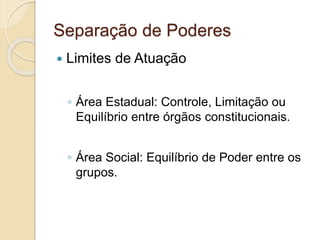 Separação de Poderes
 Limites de Atuação
◦ Área Estadual: Controle, Limitação ou
Equilíbrio entre órgãos constitucionais.
◦ Área Social: Equilíbrio de Poder entre os
grupos.
 
