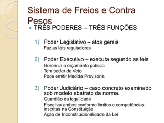 Sistema de Freios e Contra
Pesos
 TRÊS PODERES – TRÊS FUNÇÕES
1) Poder Legislativo – atos gerais
Faz as leis reguladoras
2) Poder Executivo – executa segundo as leis
Gerencia o orçamento público
Tem poder de Veto
Pode emitir Medida Provisória
3) Poder Judiciário – caso concreto examinado
sob modelo abstrato da norma.
Guardião da legalidade
Fiscaliza ambos conforme limites e competências
inscritas na Constituição
Ação de Inconstitucionalidade da Lei
 