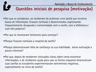 Aquisição e Busca de Conhecimento

           Questões iniciais de pesquisa (motivação)

•	Por que os estudantes, ao receberem do professor uma tarefa que envolvia
  busca de informação, ficavam confusos e desorientados, expressando
  frequentemente desagrado e contrariedade com a tarefa, com a biblioteca e
  com eles próprios?

•	Por que se mostravam hesitantes para começar?

•	Porque ficavam confusos a respeito da tarefa?

•	Porque demonstravam falta de confiança na sua habilidade, baixa motivação e
  pouco interesse?

•	Por que, depois de receberem instruções claras sobre como encontrar
  informações, e de receberem ajuda para usar as fontes enquanto desenvolviam
  suas tarefas os estudantes experimentavam sentimentos negativos,
  especialmente no início da tarefa?
 