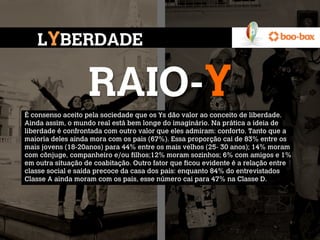 LYBERDADE

                   RAIO-Y
É consenso aceito pela sociedade que os Ys dão valor ao conceito de liberdade.
Ainda assim, o mundo real está bem longe do imaginário. Na prática a ideia de
liberdade é confrontada com outro valor que eles admiram: conforto. Tanto que a
maioria deles ainda mora com os pais (67%). Essa proporção cai de 83% entre os
mais jovens (18-20anos) para 44% entre os mais velhos (25- 30 anos); 14% moram
com cônjuge, companheiro e/ou filhos;12% moram sozinhos; 6% com amigos e 1%
em outra situação de coabitação. Outro fator que ficou evidente é a relação entre
classe social e saída precoce da casa dos pais: enquanto 84% do entrevistados
Classe A ainda moram com os pais, esse número cai para 47% na Classe D.
 
