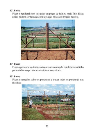 25
13º Passo
Fixar o pendural com travessas ou peças de bambu mais fino. Estas
peças podem ser fixadas com tabiques feitos do próprio bambu.
14º Passo
Fixar o pendural da tesoura da outra extremidade e utilizar uma linha
para alinhar os pendurais das tesouras centrais.
15º Passo
Fixar a cumeeira sobre os pendurais e travar todos os pendurais nas
mesmas.
 
