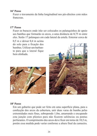 26
16º Passo
Fazer o travamento da linha longitudinal nos pés-direitos com mãos
francesas.
17º Passo
Fazer os buracos onde irão ser colocados os palanquinhos de apoio
aos bambus que formarão os arcos, a uma distância de 0,75 m entre
eles. Serão 17 palanques em cada lateral da estufa. Enterrar cerca de
18º Passo
Em um gabarito que pode ser feito em uma superfície plana, para a
confecção dos arcos da cobertura, unir duas varas de bambu pelas
extremidades mais finas, sobrepondo 1,0m, amarrando e encapando
esta junção com plástico para não ficarem saliências ou pontas
perfurantes. O comprimento dos arcos deve ficar em torno de 10,5 m,
porém essa medida pode variar conforme a altura final da cumeeira.
0,5 m e deixar 0,4 m acima
do solo para a fixação dos
bambus. Utilizar um barban-
te para que a lateral fique
bem alinhada.
 