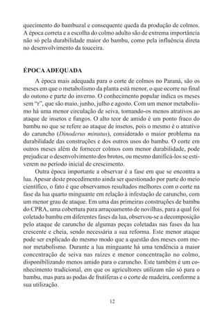 12
quecimento do bambuzal e consequente queda da produção de colmos.
A época correta e a escolha do colmo adulto são de extrema importância
não só pela durabilidade maior do bambu, como pela influência direta
no desenvolvimento da touceira.
ÉPOCA ADEQUADA
A época mais adequada para o corte de colmos no Paraná, são os
meses em que o metabolismo da planta está menor, o que ocorre no final
do outono e parte do inverno. O conhecimento popular indica os meses
sem “r”, que são maio, junho, julho e agosto. Com um menor metabolis-
mo há uma menor circulação de seiva, tornando-os menos atrativos ao
ataque de insetos e fungos. O alto teor de amido é um ponto fraco do
bambu no que se refere ao ataque de insetos, pois o mesmo é o atrativo
do caruncho (Dinoderus minutus), considerado o maior problema na
durabilidade das construções e dos outros usos do bambu. O corte em
outros meses além de fornecer colmos com menor durabilidade, pode
prejudicar o desenvolvimento dos brotos, ou mesmo danificá-los se esti-
verem no período inicial de crescimento.
Outra época importante a observar é a fase em que se encontra a
lua. Apesar deste procedimento ainda ser questionado por parte do meio
científico, o fato é que observamos resultados melhores com o corte na
fase da lua quarto minguante em relação à infestação de caruncho, com
um menor grau de ataque. Em uma das primeiras construções de bambu
do CPRA, uma cobertura para arraçoamento de novilhas, para a qual foi
coletado bambu em diferentes fases da lua, observou-se a decomposição
pelo ataque de caruncho de algumas peças coletadas nas fases da lua
crescente e cheia, sendo necessária a sua reforma. Este menor ataque
pode ser explicado do mesmo modo que a questão dos meses com me-
nor metabolismo. Durante a lua minguante há uma tendência a maior
concentração de seiva nas raízes e menor concentração no colmo,
disponibilizando menos amido para o caruncho. Este também é um co-
nhecimento tradicional, em que os agricultores utilizam não só para o
bambu, mas para as podas de frutíferas e o corte de madeira, conforme a
sua utilização.
 