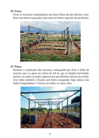 23
10º Passo
Fixar as travessas longitudinais nas duas linhas de pés-direitos, tam-
bém com barra rosqueada, bem rente ao limite superior do pé-direito.
11º Passo
Realizar a confecção das tesouras, começando por fixar a linha da
tesoura, que é a peça ou colmo de 4,0 m, que se dispõe horizontal-
mente e se apóia na parte superior dos pés-direitos laterais da estufa.
Esta linha também é fixada com barra rosqueada, logo abaixo das
linhas longitudinais. Colocar em todos os cinco vãos.
 