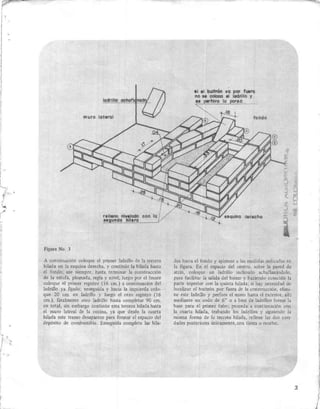 i
l.,,_,
j
j
o..
/'
r
I
,
mllro lolerol
Figura No. 3
A continuación coloque el primer ladrillo de la tercera
hilada en la esquina derecha, y continúe la hilada hasta
el fondo; use siempre, hasta tenninar la construcción
de la estufa, plomada, regla y nivel; luego por el frente
coloque el primer registro (16 cm.) a continuación del
ladrillo ya fijado; enseguida y hacia la izquierda colo-
que 20 cm. en ladrillo y luego el otro registro (16
cm.), fmalmente otro ladrillo hasta completar 90 cm.
en total, sin embargo continúe esta tercera hilada hasta
el muro lateral de la cocina, ya que desde la cuarta
hilada este tramo desaparece para formar el espacio del
depósito de combustible. Enseguida complete las hila-
.1 el buItnIn va POI' fUlra
no .. DIIIDOO el locIñlla y
.. (!!I!foro lo pared.
"Z ,-
fondo
dentoha
...(
,
-
das hacia el fondo y ajústese a las medidas indícadas en
la figura. En el espacio del centro, sobre II IU'M de
atrás, coloque un ladrillo inclinado achaflanándolo,
para facilitar la salida del humo y haciendo coincidir la
parte superior con la quinta hilada; si hay necesidad de
localizar el buitrón por fuera de la construcción, eliínip
ne este ladrillo y perfore el muro hasta el exterior, allí
mediante un codo de 6" o a base de ladrillos forme la
base para el primer tubo; proceda a contÍnúación con
la cuarta hilada, trabando los ladrillos y siguiendo la
misma forma de la ter.cera hilada, rellene las dos cavi·
dades posteriores únicamente, con tierra o recebo.
3

~1
¡
1
 