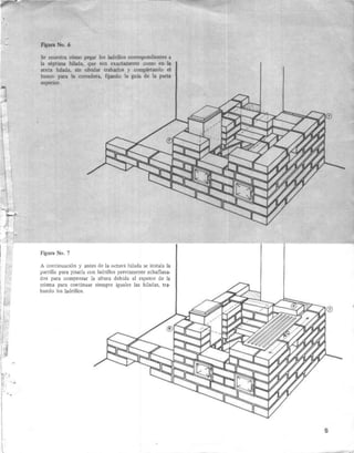 ,
l
,
•
----------------- ------
Flaura No. 6
Se rnuettrt romo ""pi Jo~ ladrillos oonupondierues a
J~ séptima hilldo. que "'o U3ctamento como eo 11
"(e.X(& Iúlada, lin ol>1dar tl1lbwOI y completando el
hu...., p;ua 11 tl)(Ted~n. lijan® ¡ gula de la partl>
~upcrinr.
Figura No. 7
A continuación y antes de la octava hilada se instala la
parrilla para pisarla con ladrillos previamente achaflana·
dos para compensar la altura debida al espesor de la
misma para continuar siempre iguales las hiladas, tra·
bando los ladrillos.
5
 