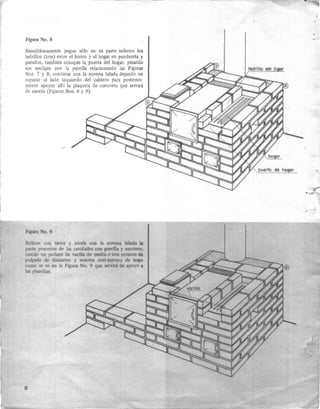 Figura No. 8
Simultáneamente pegue sólo en su parte inferior los
ladrillos (tres) entre el horno y el hogar en pandereta y
parados, también coloque la puerta del hogar, pisando
sus anclajes con la parrilla relacionando las Figuras
Nos. 7 y 8; continue con la novena hilada dejando un
espacio al lado izquierdo del caldero para posterior·
mente apoyar aD i la plaquita de concreto que servirá
de mesón (Figuras Nos. 8 y 9).
filO'" ~. 9
KelIeile ~ lima Y nivele (UI In nOV!1l11 hlIad.I la
p;tr~ po!Ierlor d. In!: taYidllllO! con snviUa y 1nÓrt=;
hll,~1e un pedazo do variUa ~ lIM!dilI o tres dtU"",da
pu~ de dl~tro y _nlll omtim<tro. de lUQlG
como se- ve en la "Igura No. 9 qUll .serviri de .poy" •
lu plllll<:tw.
6
,
,
.-
 