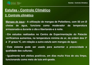 M i n i s t é r i o d a
A g r i c u l t u r a ,
do Desenvolvimento
Rural e das Pescas
DRAALG
Direcção Regional
de Agricultura
do Algarve
Estufas - Controlo Climático
M i n i s t é r i o d a
A g r i c u l t u r a ,
do Desenvolvimento
Rural e das Pescas
DRAALG
Direcção Regional
de Agricultura
do Algarve
Estufas - Controlo Climático
Estufas - Controlo Climático
2. Controlo climático
Mangas de águaMangas de água -- A utilização de mangas de Polietileno, com 50 cm ØA utilização de mangas de Polietileno, com 50 cm Ø
cheias de água, funciona como moderador da temperaturacheias de água, funciona como moderador da temperatura
armazenadoarmazenado--a durante o dia e libertandoa durante o dia e libertando--a à noite.a à noite.
•• Em estudos realizados no Centro de Experimentação do PatacãoEm estudos realizados no Centro de Experimentação do Patacão
verificamos aumentos, na temperatura mínima do ar, da ordem dosverificamos aumentos, na temperatura mínima do ar, da ordem dos 2º2º
a 3º graus ºC, em relação a outra estufa sem mangas de água;a 3º graus ºC, em relação a outra estufa sem mangas de água;
•• Este sistema pode ser usado para aumentar a precocidade eEste sistema pode ser usado para aumentar a precocidade e
qualidade das culturas;qualidade das culturas;
•• Igualmente tem efeitos positivos, em dias muito frios de céu liIgualmente tem efeitos positivos, em dias muito frios de céu limpo,mpo,
funcionando como meio de luta antifuncionando como meio de luta anti--geada.geada.
 