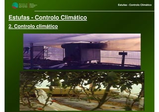 M i n i s t é r i o d a
A g r i c u l t u r a ,
do Desenvolvimento
Rural e das Pescas
DRAALG
Direcção Regional
de Agricultura
do Algarve
Estufas - Controlo Climático
M i n i s t é r i o d a
A g r i c u l t u r a ,
do Desenvolvimento
Rural e das Pescas
DRAALG
Direcção Regional
de Agricultura
do Algarve
Estufas - Controlo Climático
Estufas - Controlo Climático
2. Controlo climático
 