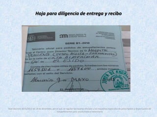 Hoja para diligencia de entrega y recibo 
Real Decreto 1675/2012 de 14 de diciembre, por el que se regulan las recetas oficiales y los requisitos especiales de prescripción y dispensación de 
estupefacientes para uso humano y veterinario 
 