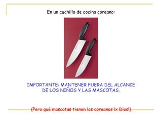 En un cuchillo de cocina coreano: IMPORTANTE: MANTENER FUERA DEL ALCANCE DE LOS NIÑOS Y LAS MASCOTAS. (Pero qué mascotas tienen los coreanos ¡x Dios!) 