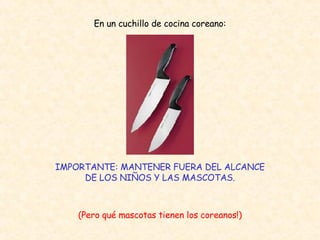 En un cuchillo de cocina coreano: IMPORTANTE: MANTENER FUERA DEL ALCANCE DE LOS NIÑOS Y LAS MASCOTAS. (Pero qué mascotas tienen los coreanos!) 