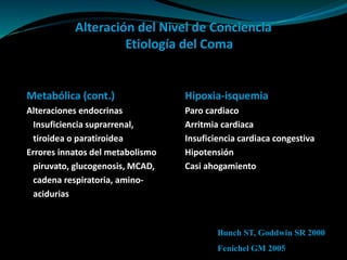 Alteración del Nivel de Conciencia
Etiología del Coma
Metabólica (cont.) Hipoxia-isquemia
Alteraciones endocrinas Paro cardiaco
Insuficiencia suprarrenal, Arritmia cardiaca
tiroidea o paratiroidea Insuficiencia cardiaca congestiva
Errores innatos del metabolismo Hipotensión
piruvato, glucogenosis, MCAD, Casi ahogamiento
cadena respiratoria, amino-
acidurias
Bunch ST, Goddwin SR 2000
Fenichel GM 2005
 